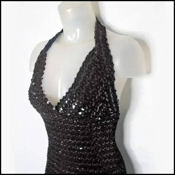 Black Sequin Halter Dress Sexy Micro Mini Bodycon Formal 70s Vintage Disco Era - Picture 3 of 13